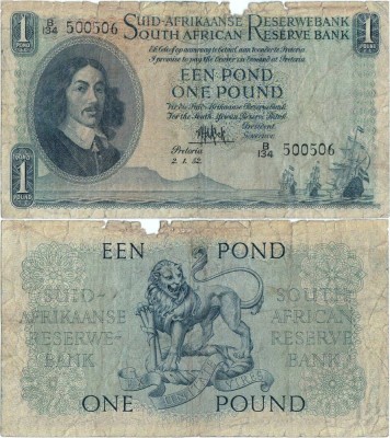 1952 ( 3 I ) , 1 pound ( P-92d.2 ) - Africa de Sud foto