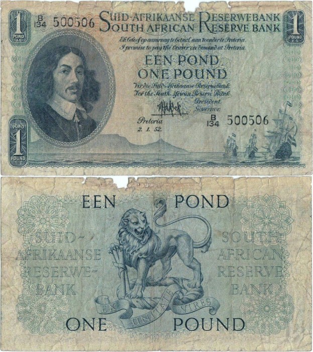 1952 ( 3 I ) , 1 pound ( P-92d.2 ) - Africa de Sud