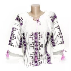 Ie Traditionala Alba cu Motiv Geometric Mov de Dama - IMS17