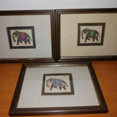 3x Tablou pictura in miniatura elefant traditional India pictat manual pe matase