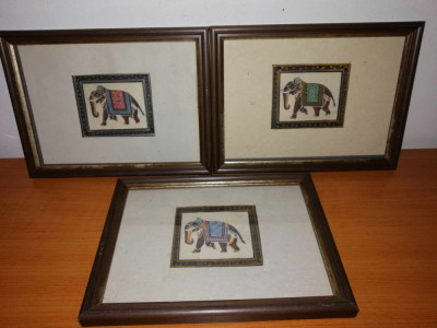 3x Tablou pictura in miniatura elefant traditional India pictat manual pe matase foto