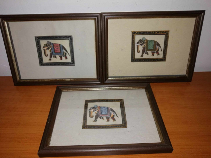 3x Tablou pictura in miniatura elefant traditional India pictat manual pe matase
