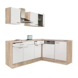 Mobilier de bucătărie de colț Yorki 220, cu corp din stejar Sonoma și fațade albe cu finisaj satinat, fără blat de lucru