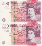 Lot 2 bancnote consecutive Bank of England 50 Pounds 2010, AH40 029633 și AH40 029634