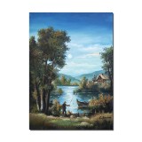 Tablou peisaj din natura pictat manual, Pescarii norocosi, 70x50cm ulei pe panza Constantin Feraru