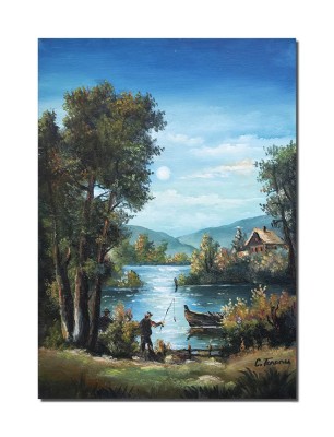 Tablou peisaj din natura pictat manual, Pescarii norocosi, 70x50cm ulei pe panza Constantin Feraru foto