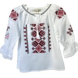 Cumpara ieftin Ie Traditionala Alba pentru Fetite cu Motiv Geometric Rosu - ITF08