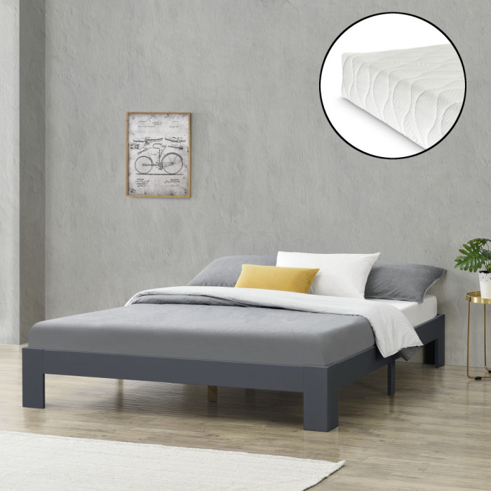 [en.casa]&reg; Pat rama lemn Raisio 140DG, 140 x 200 cm, lemn de brad/PAL,150 Kg, gri inchis mat, pentru 2 persoane, cu saltea si gratar pat HausGarden Le