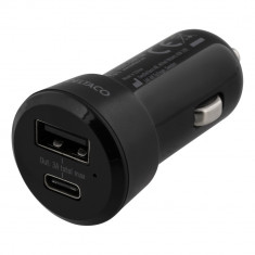 Incarcator auto fast charge DELTACO, USB-C si USB-A, intrare CC de 10-30V, iesire 5V 3A 15W, negru foto