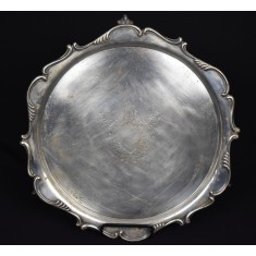 Platou / Tava veche din alama argintata cu trei picioare gheara de vultur - atelier Boardman &amp; Glossop Sheffield / Anglia - cca.1880