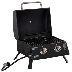 Gratar camping, grill dreptunghiular, cu gaz, 2 arzatoare, capac, termometru, 55x46.5x41 cm