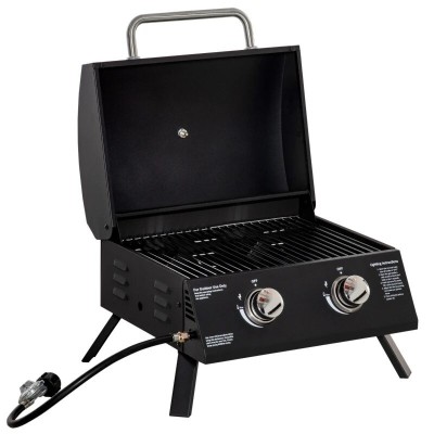 Gratar camping, grill dreptunghiular, cu gaz, 2 arzatoare, capac, termometru, 55x46.5x41 cm GartenVIP DiyLine foto