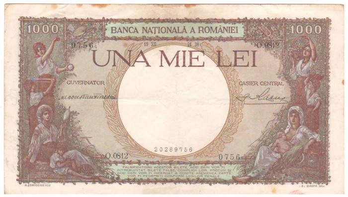 SV * Romania 1000 LEI 1938 * Regele Carol II