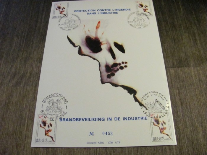4 Timbre Obliterate, Ștampile Speciale Brandbestriding Belgia 1973 ,Protecție Contra Incendiilor &icirc;n Industrie
