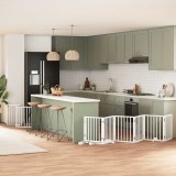 vidaXL Poartă c&acirc;ini pliabilă cu ușă, 9 panouri, alb, 450 cm, lemn plop