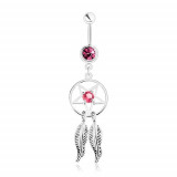 Piercing pentru buric, oţel 316L, prinzător de vise, pentagramă, zirconiu fucsia şi roz