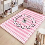 Covor 100% Poliester, Antiderapant, Pentru Copii, 80x150 cm, Ceas Roz