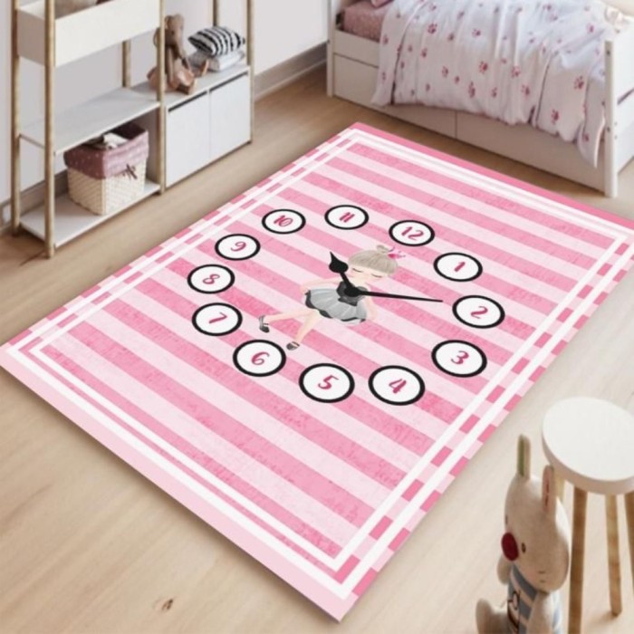 Covor 100% Poliester, Antiderapant, Pentru Copii, 80x150 cm, Ceas Roz