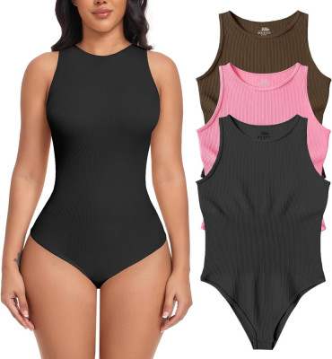 AR Femei Bodysuits 3 bucată Tank Topuri cu nervuri fără m&amp;acirc;neci Sexy One Piece Ha foto