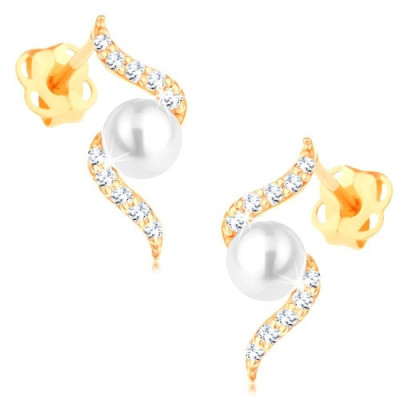 Cercei din aur galben de 14K - spirală lucioasă cu o perlă albă foto