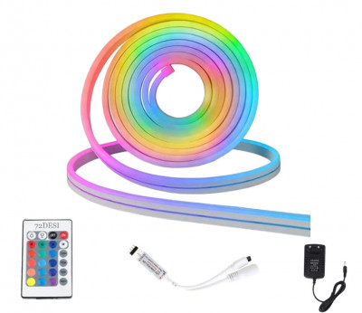 Set complet de lumini neon 72DESI, 5 metri lungime, cu telecomanda, lumini Simfonie RGB, tub led din silicon, pentru interior si exterior, impermeabil foto