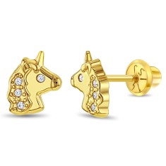 Cercei din Aur 14k Unicorn Stralucitori cu Zirconiu Cubic Transparent pentru Copii &ndash; Inchidere Sigura cu Surub