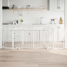 vidaXL Poartă de acces pentru c&acirc;ini cu ușă pliabilă, 6 panouri, albă, 300 cm, lemn de plop 352183