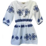 Cumpara ieftin Rochie Traditionala Alba pentru Fetite cu Motiv Geometric Albastru - RTF04