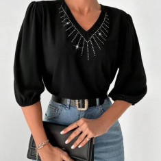 Bluza cu aplicatii pietricele si maneca scurta, negru, dama, Shein