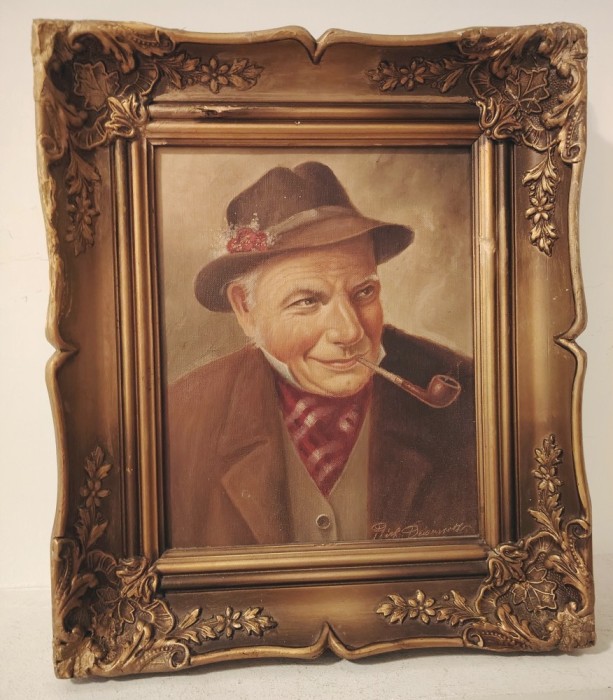 Superb goblen antic bătr&acirc;nel cu pipa &icirc;ncadrat &icirc;ntr-o ramă din lemn masiv Baroc