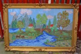 Goblen Vechi Peisaj R&acirc;u Pod, 134x85cm cu Ramă, Tapiserie Cusută Manual