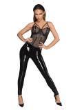 Catsuit Crotchless PVC Lucios si Tul Elastic S, Noir Handmade