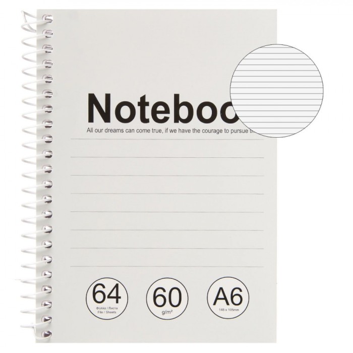 Carnet Notițe, A6, 64 File, Linii, Copertă Moale, Spirală, Gri Alb