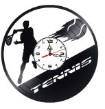 Ceas de perete decorativ realizat din disc de vinil, Model Jucator de Tenis si Mingea in Viteza, Text Tennis, Negru, 30 cm