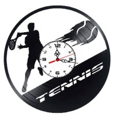 Ceas de perete decorativ realizat din disc de vinil, Model Jucator de Tenis si Mingea in Viteza, Text Tennis, Negru, 30 cm