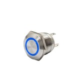 Buton push iluminat fara mentinere, 20A 12, 24V DC, 19mm, IP67, metalic, inel LED albastru, 6 pini, FLM19-FJ-6-EX000-S11M4-BLUE