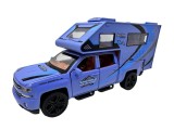 Macheta Camping Car Autorulota albastra 1:32 metal si plastic cu sunete si lumini deschide usile si capota