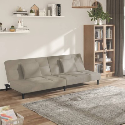 vidaXL Canapea extensibilă cu 2 locuri, 2 perne, gri deschis, catifea 375807 foto