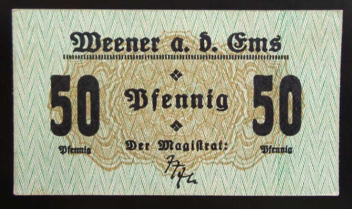Bancnota istorica 50 PFENNIG - GERMANIA (IMPERIUL GERMAN), anul 1920 * cod 6 B = NOTGELD