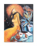 Cumpara ieftin Tablou pictat manual, La o cafea, 80x60cm pictura ulei pe panza, gata de expus pe perete