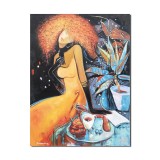 Tablou pictat manual, La o cafea, 80x60cm pictura ulei pe panza, gata de expus pe perete