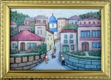 Tablou Mircea Popescu Peisaj Urban Artă Naivă pictura ulei inramata 29x40cm, Scene gen, Miniatural
