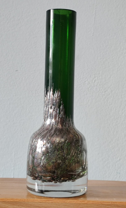 Vaza vintage din cristal gros cu decor bule argintii, anii60-70 -