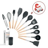 Set Ustensile Bucatarie Koken, 12 piese Lemn si Silicon alimentar, Suport Plastic, Antiaderente, Termorezistente, Negru + Suport Lingura
