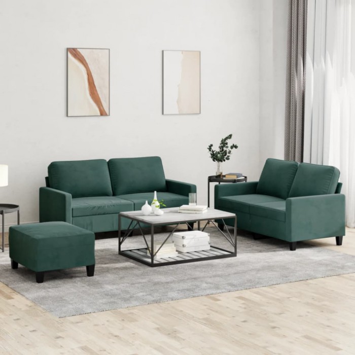 vidaXL Set de canapele cu perne, 3 piese, verde &icirc;nchis, catifea