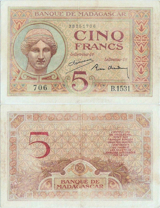 1937, 5 francs (P-35a.2) - Madagascar - stare XF+!