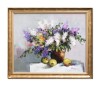 Tablou vaza cu liliac si fructe pictat manual inramat, 70x60cm ulei pe panza, Geo Ungureanu