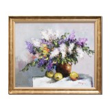 Tablou vaza cu liliac si fructe pictat manual inramat, 70x60cm ulei pe panza, Geo Ungureanu