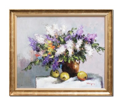 Tablou vaza cu liliac si fructe pictat manual inramat, 70x60cm ulei pe panza, Geo Ungureanu foto