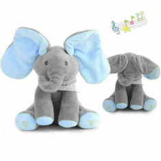 Jucarie interactiva elefant, peek a boo, canta si vorbeste, roz sau albastru